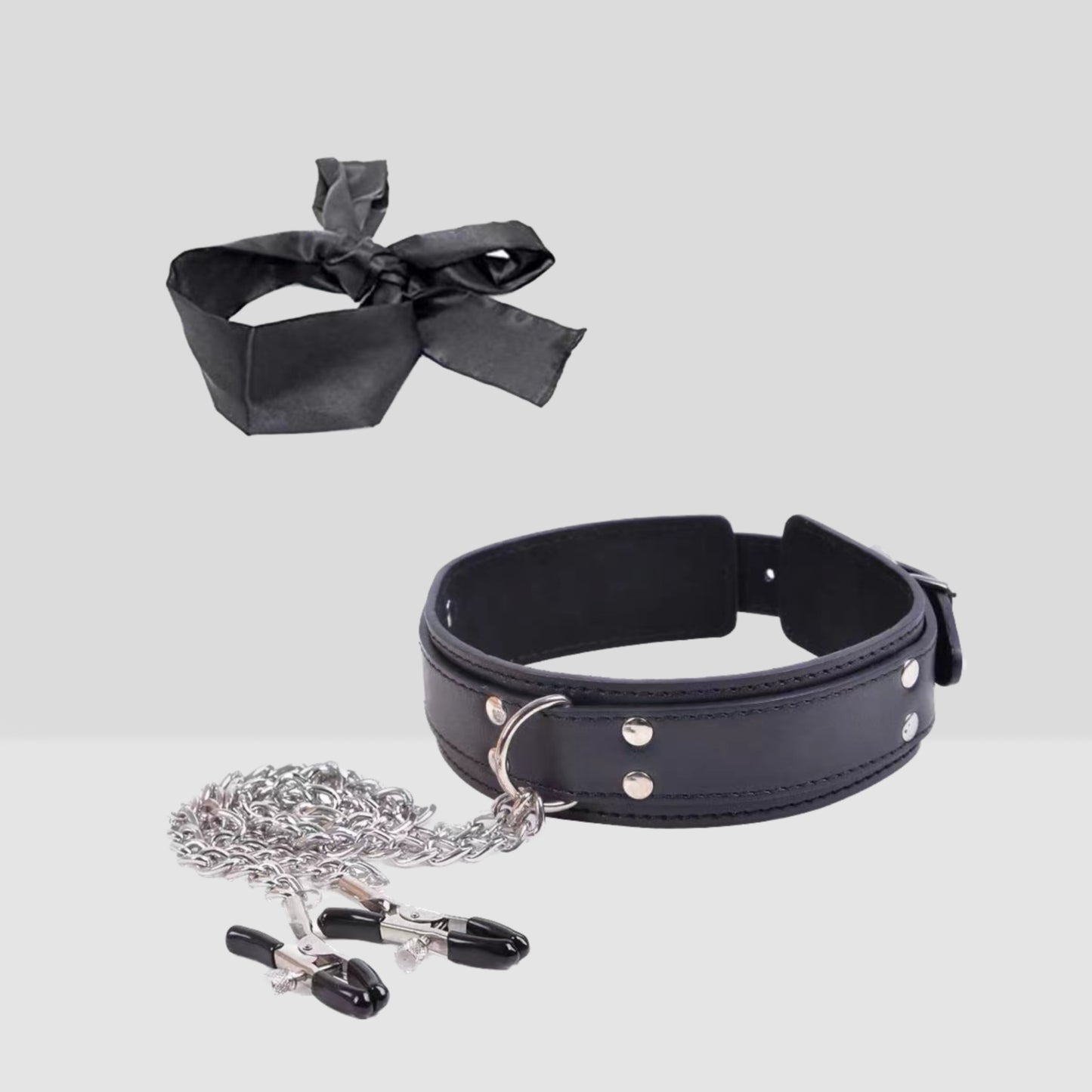 Silicone Collar, Satin blindfold and Nipple Clamps