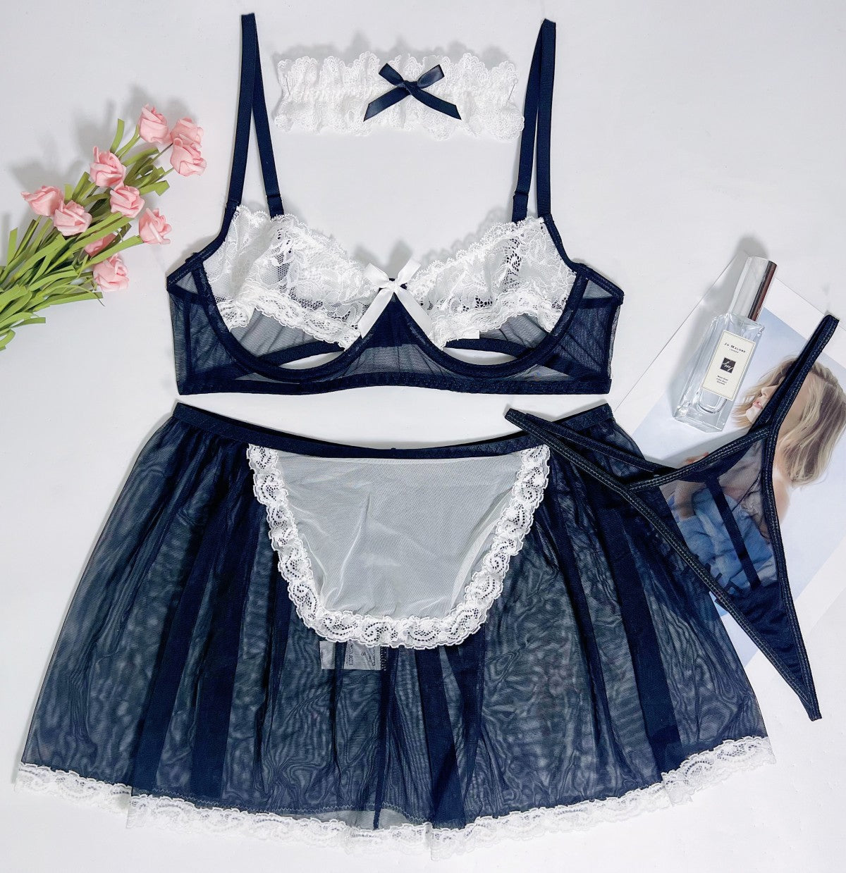 Lace Mesh Splice Maidme Uniform 3-piece Set