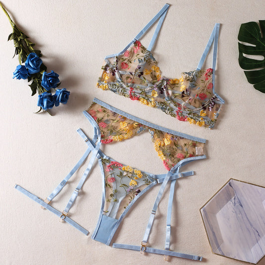 Blue Countryside Floral Bra, Suspender Belt, Thong with Leg Garter, Three-Piece Erotic Lingerie Set