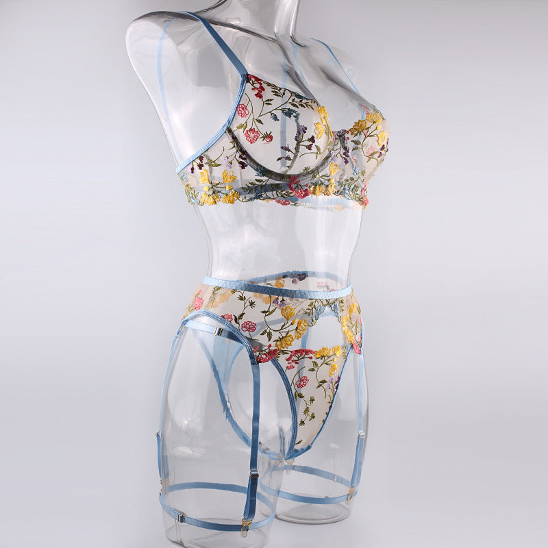 Blue Countryside Floral Bra, Suspender Belt, Thong with Leg Garter, Three-Piece Erotic Lingerie Set