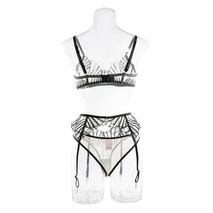 Mature Lady Embroidered Lingerie Set with Sheer Temptation, Garter Belt, Three-Piece Set