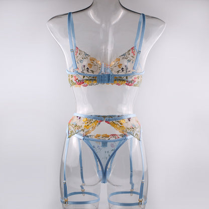 Blue Countryside Floral Bra, Suspender Belt, Thong with Leg Garter, Three-Piece Erotic Lingerie Set